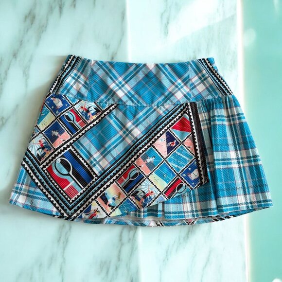 LUCKY IN LOVE Blue Plaid Pleated tennis Pickleball Skort Size Medium 8/10 - Picture 1 of 8